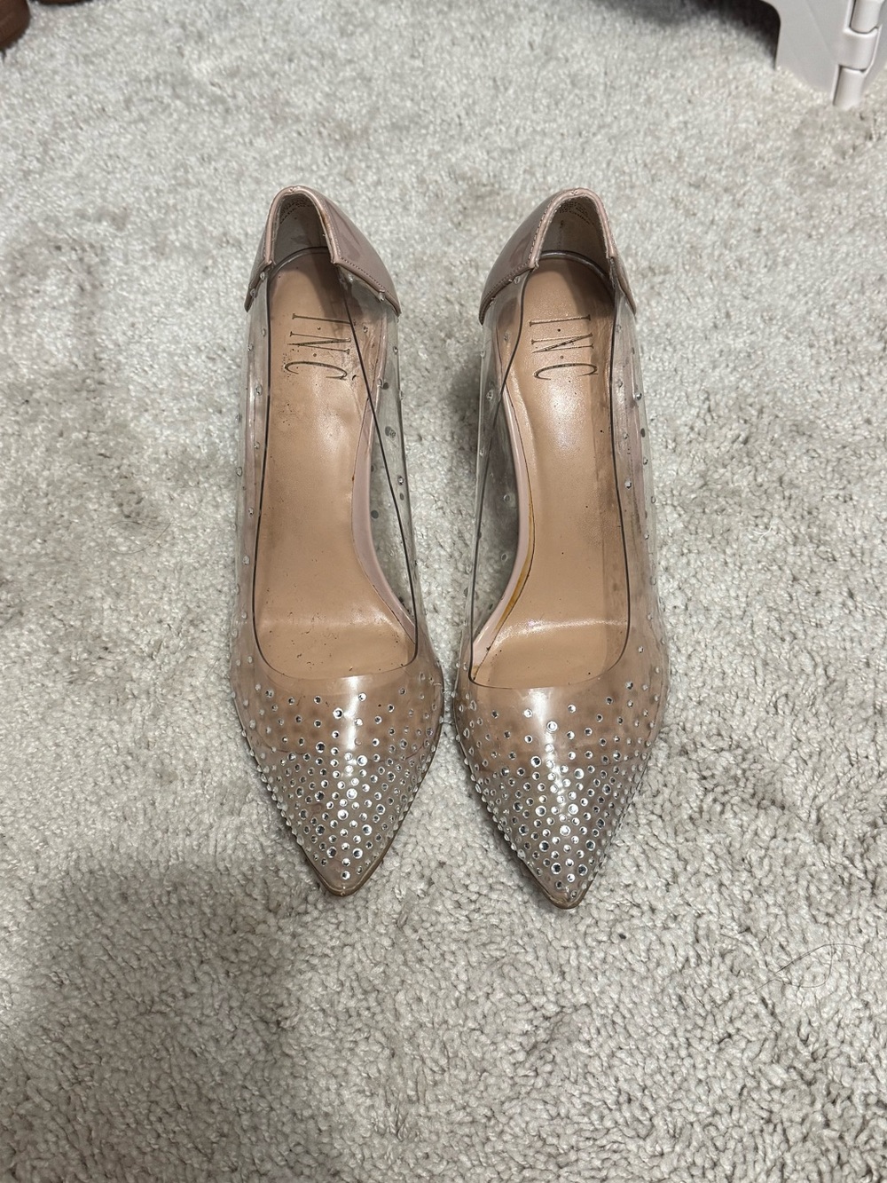 Clear Nude Pointed-Toe Studded Pumps